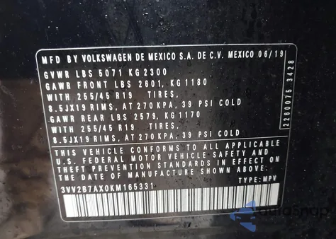 2019 Volkswagen Tiguan из США, поврежденный, VIN 3VV2B7AX0KM165331